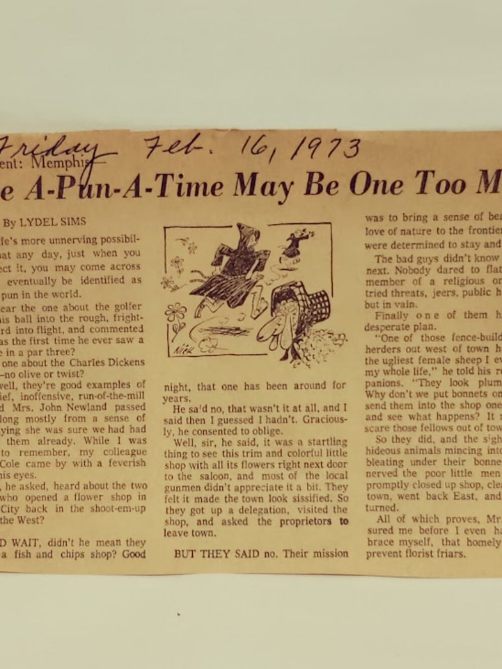 1973 Lydel Sims Assignment Memphis Newspaper Clipping Once A-Pun-A-Time Humor